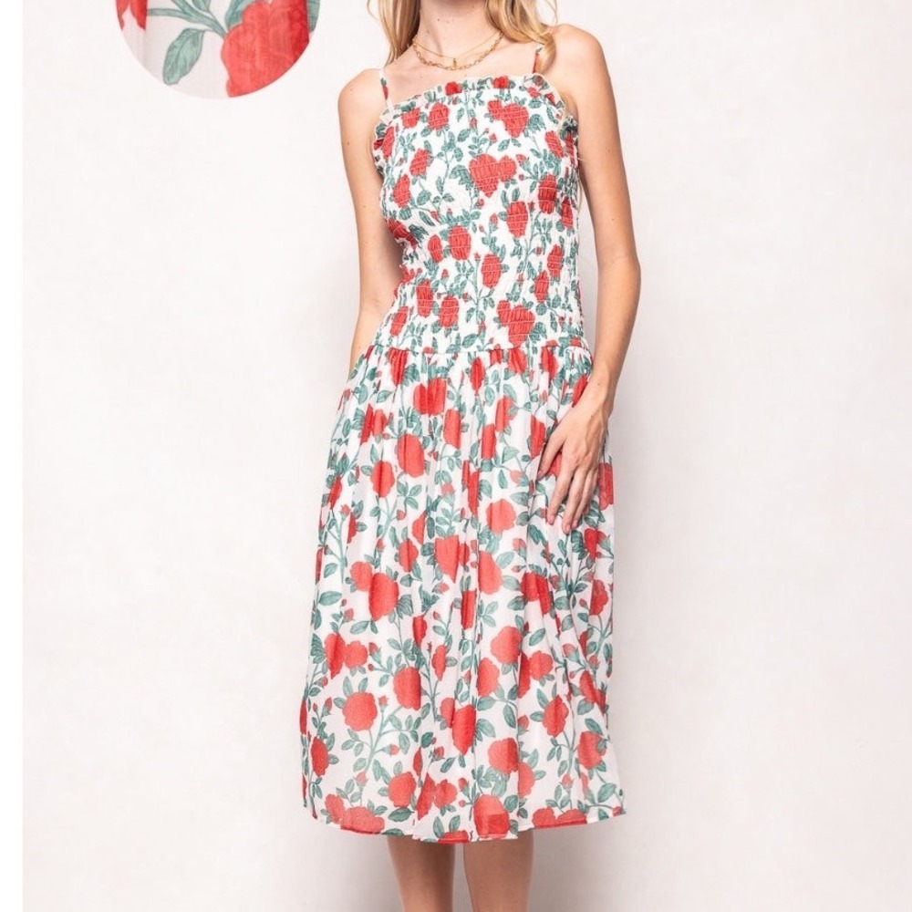 NWT Ivy City Co Kimberly Dress Red Roses White Floral Smocked Midi Drop Waist L